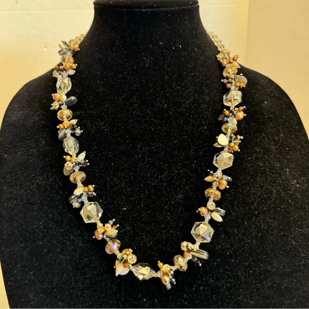 925 Sterling Silver Aurora Borealis Vintage Necklace Pearl Shells Crystals 25